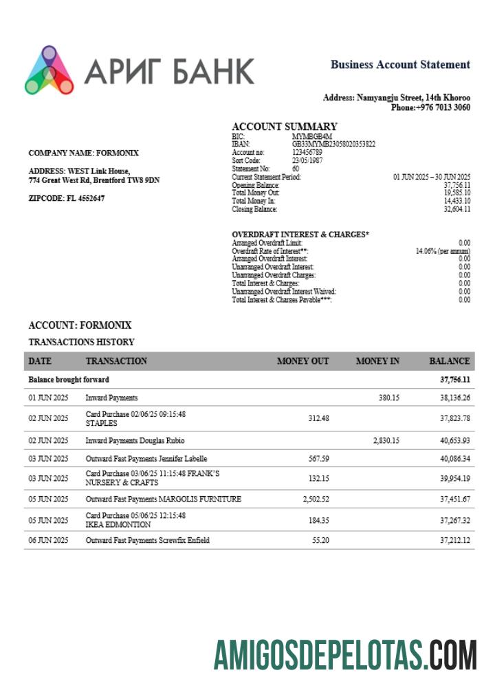 Em branco Arig Firm modelo de extrato de conta Word e PDF (1)